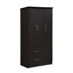 a black armoire with two drawers and one door on the bottom, in front of a white background