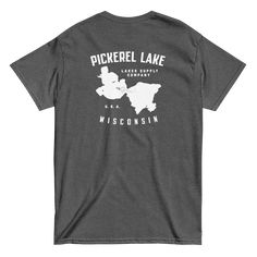 Take a trip to Pickerel Lake in Wisconsin with this playful and lightweight t-shirt. Great for the cabin or lake residents, this tee is comfy and flattering for all. Black - 100% cotton Heather - 50% cotton, 50% polyester Back print Size guide LENGTH (inches) WIDTH (inches) SLEEVE LENGTH (inches) S 28 18 15 ⅝ M 29 20 17 L 30 22 18 ½ XL 31 24 20 2XL 32 26 21 ½ Pre-shrunk Cotton Camp Shirt For Outdoor Activities, Cotton Crew Neck Camp Shirt With Graphic Print, Cotton Camp Shirt With Graphic Print For Outdoor Activities, Cotton Graphic Print Camp Shirt For Outdoor Activities, Pre-shrunk Cotton Camp Shirt For Outdoor, Cotton T-shirt With Front Print For Outdoor Activities, Camping Cotton T-shirt With Screen Print, Camping Cotton Screen Print T-shirt, Cotton Screen Print T-shirt For Camping