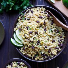 mexican rice with black beans and avocado served in bowls