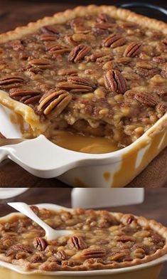 two pictures of pecan pie with one being sliced and the other is still in the baking dish