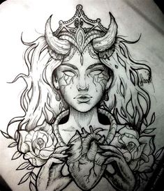 a drawing of a woman with horns and roses