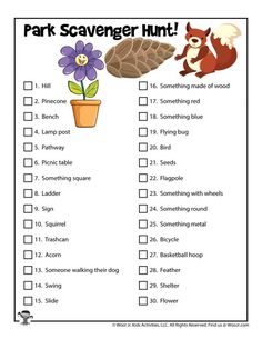 a printable park scavenger hunt for kids with flowers and leaves on it