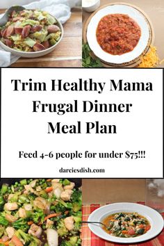 a flyer for a frugal dinner meal plan with the words trim healthy mama frugal dinner meal plan feed 4 people for under $ 7