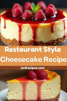 the cheesecake is topped with raspberries and sauce