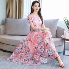 Description: Types: Dress Material: polyester fiber (polyester) Washing: Hand wash, Do not bleach, Line dry in the shade, Do not iron Label: YesMain fabric ingredients: polyester fiber (polyester) Process: dyeing Neck type: round collar Color: pink, light blue Skirt length: long skirt Lining ingredients: polyester fiber (polyester) Sleeve length: short sleeve Skirt type: A-shaped skirt Applicable age: adult Popular elements: printing Waist type: loose waist Garment placket: pullover Size: Length Casual Chiffon Floral Dress For Spring, Pink Floral Print Dress With Relaxed Fit, Summer Floral Chiffon Dress With Short Sleeves, Summer Floral Print Relaxed Fit Maxi Dress, Casual Pink Floral Printed Dress, Casual Chiffon Floral Dress With Short Sleeves, Casual Short Sleeve Chiffon Floral Dress, Casual Maxi Dress With Floral Print And Relaxed Fit, Floral Print Relaxed Fit Summer Dress