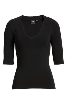 Build up your basics wardrobe with this V-neck top boasting raised seams at the shoulders for stylish flair. 23" length V-neck Elbow-length sleeves 63% viscose, 36% polyamide, 1% elastane Hand wash, dry flat Imported V-neck Office Tops For Fall, V-neck Tops For Office Wear In Fall, Stretch V-neck Top For Work, Fitted Viscose Tops For Night Out, Chic Fitted Elastane Knit Top, Chic Stretch V-neck Top For Work, Classic V-neck Spring Knit Top, Formal V-neck Tops, Black V-neck Top For Workwear In Fall