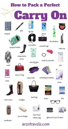 a poster with the words how to pack a perfect carry - on in purple and white