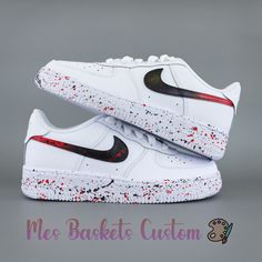 Visit my shop for more models: https://www.mesbaskets-custom.com/ Do you want to make a specific model? Contact me by message :) About the shoes: Custom Air Force 1 Custom Splash Red and Black Hand Painted Sneakers The price includes the pair of shoes as well as customization. Handmade model with love in my workshop in France ❤️ Top quality, waterproof and washable Angelus leather paint 🎨 Each pair is made to order, so it is not possible to cancel, exchange or return the order. Nike Air Force 1 Custom, Nike Air Force One, Painted Sneakers, Air Force 1 Custom, Custom Air Force 1, Baskets Nike, Nike Air Shoes, Air Force One, Force One