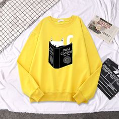 Cat Design Cotton Long Sleeve Sweatshirt, Trendy Long Sleeve Sweatshirt With Cat Design, Trendy Cotton Sweatshirt With Cat Print, Cat Print Crew Neck Sweatshirt For Streetwear, Cat Presents, Cat Dad Gifts, Tech Humor, Cat Themed Gifts, Yellow Sweatshirt