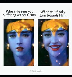 two pictures of a woman with blue makeup and yellow headdress, one showing her face