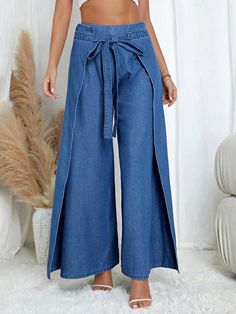 Medium Wash  Collar  Denim Plain Wide Leg Embellished Non-Stretch  Women Clothing Jeans Palazzo, Moda Jeans, Palazzo Pants, A Line Skirt, Wide Leg Jeans, New Outfits, A Line Skirts, Front Open, Women Clothing