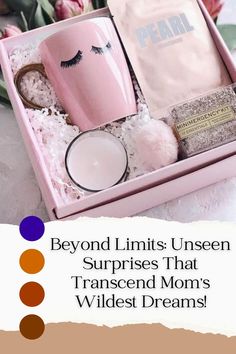 a pink box with two mugs and some other items in it that says beyond limits unseen, surprises that transcend mom's wildest dreams