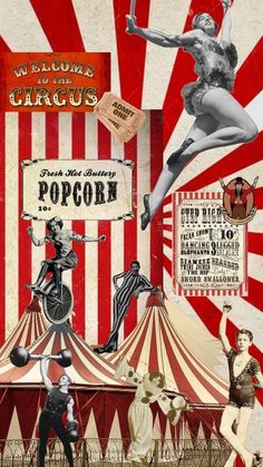 an image of a circus poster with people on the stage and clowns in the background