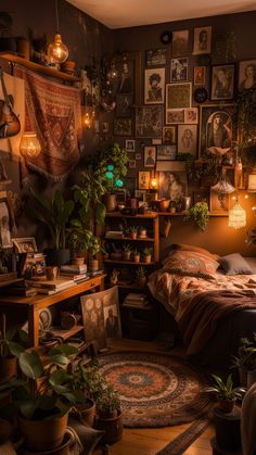 a bedroom with lots of plants and pictures on the wall