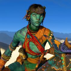 an avatar from the video game avatars is posed in front of a mountain range