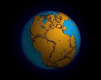 a blue and yellow globe with the earth in it's center on a black background