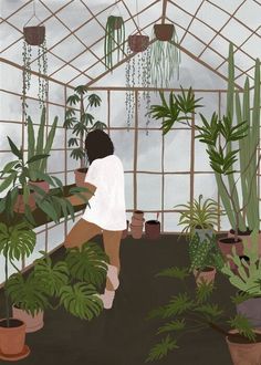 a painting of a woman in a greenhouse surrounded by potted plants