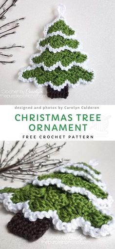 crocheted christmas tree ornament is shown in green and white