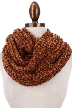 a soft chenille infinity scarf Infinity Scarf, Stay Warm, Knitted Scarf, Fall Outfits, Rust, Knitting, Color, Autumn Outfits