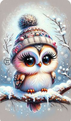 an owl wearing a hat sitting on top of a tree branch in the snow,