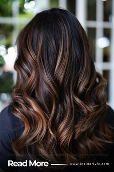 Metallic Brown Balayage Black Hair To Caramel Balayage, Dark Brown Black Balayage, Dark Hair With Auburn Balayage, Thick Balayage Highlights, Partial Balayage On Dark Hair, Black Caramel Hair, Carmel Brown Balayage Hair On Black Hair, Black Caramel Balayage