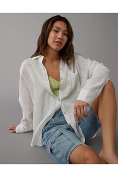 Lightweight & breezy woven cotton blend/Long sleeves with roll-and-button-up cuffs/Button-up front/Collar/Left chest pocket/This shirt is Real Good: made using cotton sourced through the Better Cotton Initiative White Jeans Men, Athletic Fit Jeans, Curvy Jeans, Graduation Outfit, Loose Jeans, Beach Shirt, Women Denim Jeans, Shoes With Jeans, Beach Shirts