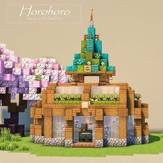 an image of a house made out of paper machs in minecraft with trees and flowers on the roof