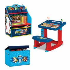 children's desk and chair set with paw patrol theme on the table, pencils in storage box and pen holder