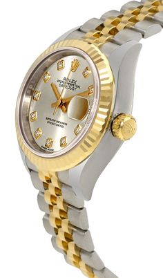 279173 | 279173-0007 Rolex Lady-Datejust 28 Women's Luxury Watch - With Manufacturer Serial Numbers - Swiss Made - Silver Dial - Diamond Hour Markers - Polished Solid 18k Yellow Gold Fluted Bezel - Date Feature     Date Window Displayed at 3 O'Clock     Cyclops Lens Over Date     Instantaneous Date Setting Feature - Stop-seconds Feature for Precise Time Setting - 55 Hour Power Reserve - Self-winding Automatic Movement     COSC Superlative Chronometer Certified - Rolex Caliber 2236 - Vibrations Per Hour: 28,800 - Jewels: 31 - 6 Year Warranty - Guaranteed Authentic - Certificate of Authenticity - Manufacturer Box & Manual - Polished 904L Oystersteel Stainless Steel Case - Brushed 904L Oystersteel With Polished Solid 18k Yellow Gold Jubilee Bracelet - Scratch Resistant Sapphire Crystal - 100 Gold Rolex, Womens Watches Luxury, Authentic Watches, Rolex Oyster Perpetual, Free Bracelet, Rolex Oyster, Oyster Perpetual, Two Tone Watch, Women's Watch