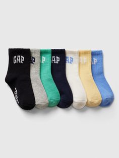 Made with 10% recycled contents. Soft stretch knit. Ribbing at top. Gap logo at front. Reinforced toe and heel. Gripper logo at sole helps provide traction. #882260 Knit Ribbing, Gap Logo, Gap Kids, Kids Socks, Baby Gap, Crew Socks, Gap, Recycling, Tights