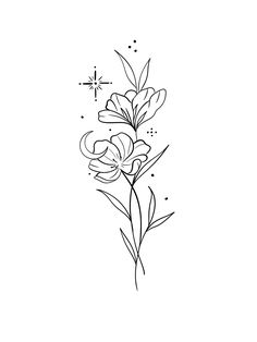 a line drawing of some flowers on a white background with stars in the sky behind it