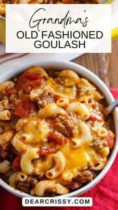 a bowl filled with pasta and cheese on top of a red cloth next to a plate of macaroni and cheese