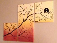 two paintings are hanging on the wall next to each other, one has a bird perched on a tree branch