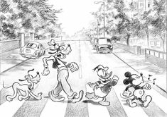 a drawing of mickey and minnie crossing the street