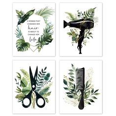 four cards with plants, scissors and hairdryer on them that say i love you