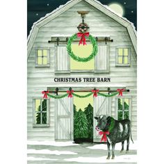 a christmas tree barn with a cow standing in front of it and wreaths on the door