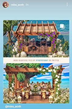 two screens showing different scenes from the same video game, one shows an outdoor dining area and