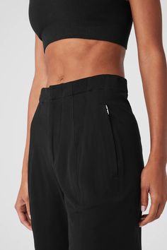 High-Waist On Point Moto Trouser - Black | Alo Yoga Casual Alo Yoga Straight Pants, Casual Alo Yoga Pants For Work, Sporty Straight Pants With Hip Pockets, Alo Yoga Fitted Functional Bottoms, Sporty Straight Leg Pants With Belt Loops, Alo Yoga Functional Fitted Bottoms, Sporty Pants With Hip Pockets For Workwear, Fitted Functional Bottoms With Tapered Leg, Functional Fitted Tapered Leg Bottoms