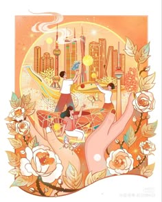 two people are doing yoga in front of a cityscape with flowers and trees