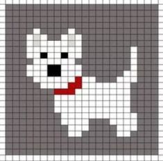 a cross stitch pattern with a white dog on it's face and red collar