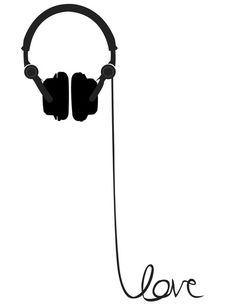 headphones with the word love written in black ink on a white background, illustration