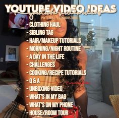 a woman sitting on top of a couch in front of a window with the words youtube video ideas