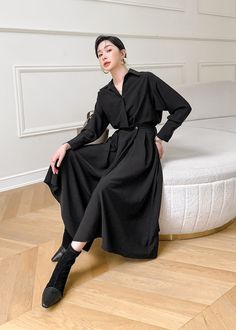 Black Midi Shirt Dress Long Sleeve Shirt Dress Loose Fitting - Etsy Elegant Shirt Dress, Gorgeous Black Dress, Shirt Dress Long, Shirt Dress Black, Designer Midi Dresses, Dress With Sleeves, Loose Fitting Dresses, Long Shirt Dress, Black Midi