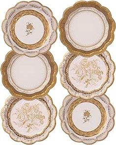 six white and gold plates with flowers on them