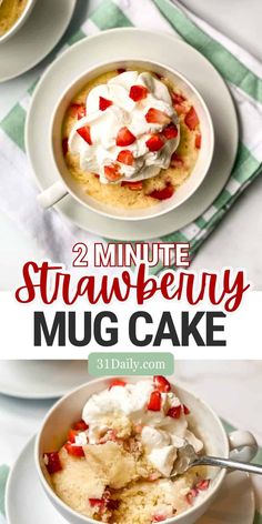 two bowls filled with strawberry mug cake and topped with whipped cream, strawberries on top