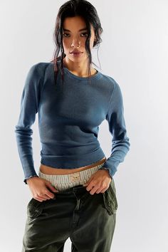 We The Free Easy Does It Tee | Free People Relaxed Ribbed Top For Fall, Relaxed Ribbed Fall Tops, Casual Fall Sweater With Frayed Hem, Casual Ribbed Long Sleeve Top For Layering, Soft-washed Tops For Winter Layering, Long Sleeve Tops With Frayed Hem For Layering, Long Sleeve Tops With Frayed Hem For Everyday, Frayed Hem Tops For Fall Layering, Tops With Ribbed Cuffs And Raglan Sleeves For Layering