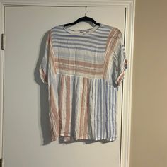 I Have Never Worn This Multicolored Striped Shirt. It Is Very Slowly And Comes To My Hips. Summer Striped Short Sleeve Blouse, Striped Short Sleeve Summer Blouse, Striped Tops For Daytime In Summer, Striped Tops For Daytime Summer, Pink Crew Neck Blouse For Day Out, Pastel Crew Neck Top For Spring, Pastel Crew Neck Spring Top, Casual Short Sleeve Tops For Daytime, Summer Daytime Short Sleeve Tops