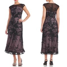 Us Size: 2 (Runs Large) Bust: 34-36 In. Waist: 28 In Runs Large; Order One Size Down. Details & Care Made An Elegant Statement At Your Next Special Occasion In This Midi-Length Dress With A Contrast Lining That Showcases The Sheer Floral-Embroidered Tulle. 54" Length Bateau Neck Sleeveless Lined 92% Polyester, 8% Spandex Dry Clean Imported Item #7599538 Purple Floral Embroidered Dress For Formal Occasions, Purple Formal Dress With Floral Embroidery, Formal Purple Dress With Floral Embroidery, Purple Floral Embroidered Evening Dress, Evening Purple Dresses With Floral Embroidery, Formal Embroidered Purple Dress, Embroidered Tulle, Bateau Neck, Midi Length Dress