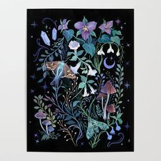 a painting with flowers and butterflies on black background canvas wall art print by artist lauren lee