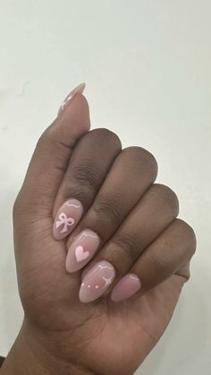 Short Almond Nails Coquette, Nail 12 Year, Nails One Color Pink, Pink Simple Christmas Nails, Short Nails With Hibiscus Flower, Short Pink Bow Nails, Simple Natural Nails Designs, Cute Short Acrylic Nails Round, How To Do A Bow On Nails